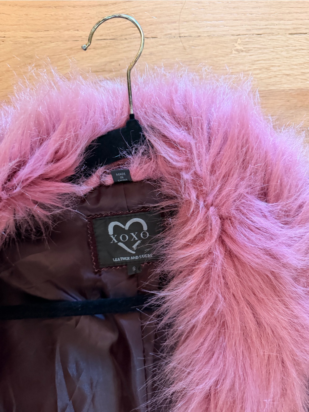 XOXO Plum Suede Trench Coat with Pink Faux Fur Trim - Picture 3 of 5